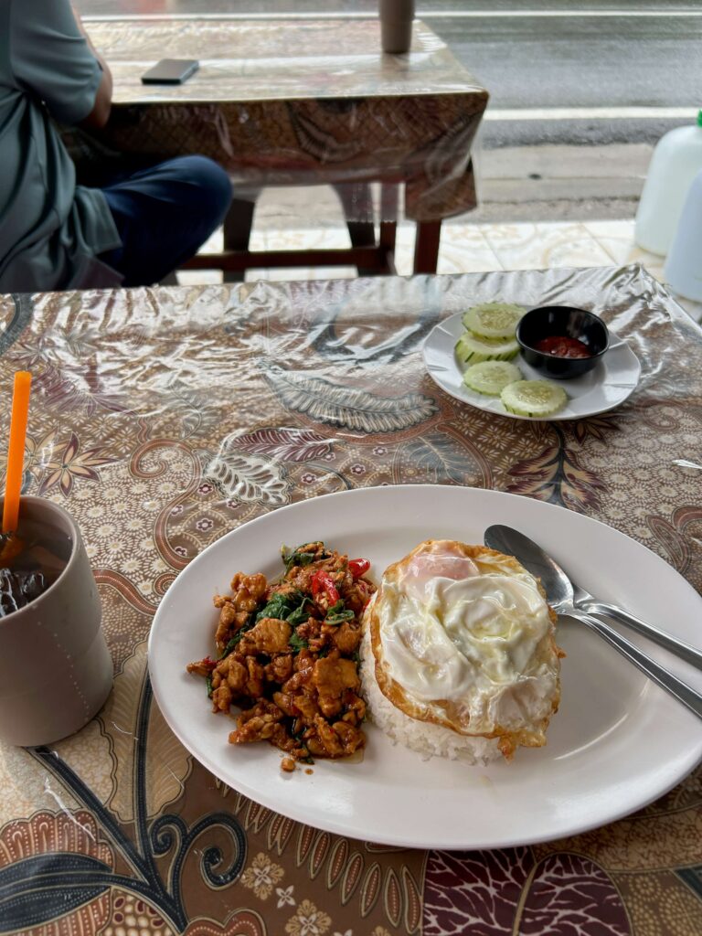 A delicious meal of pad kra pao gai, a famous Thai dish 